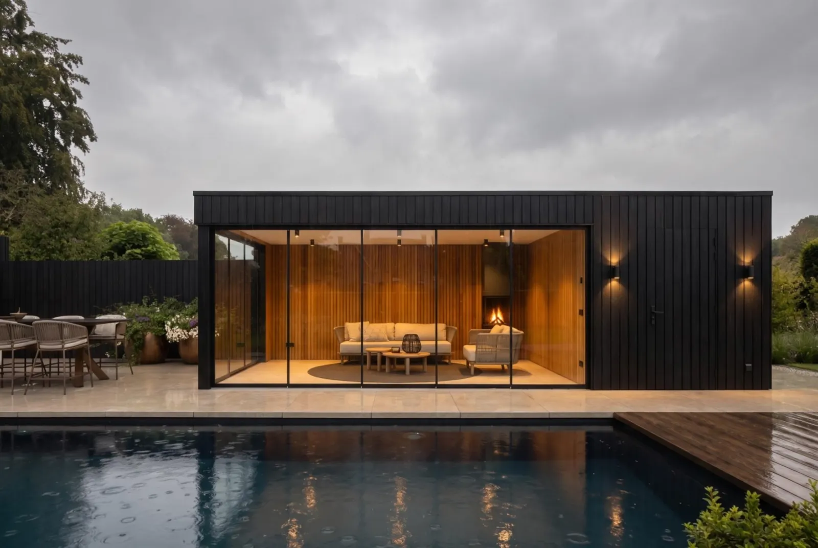 Hetzelfde poolhouse in de regen, binnen brandt de haard